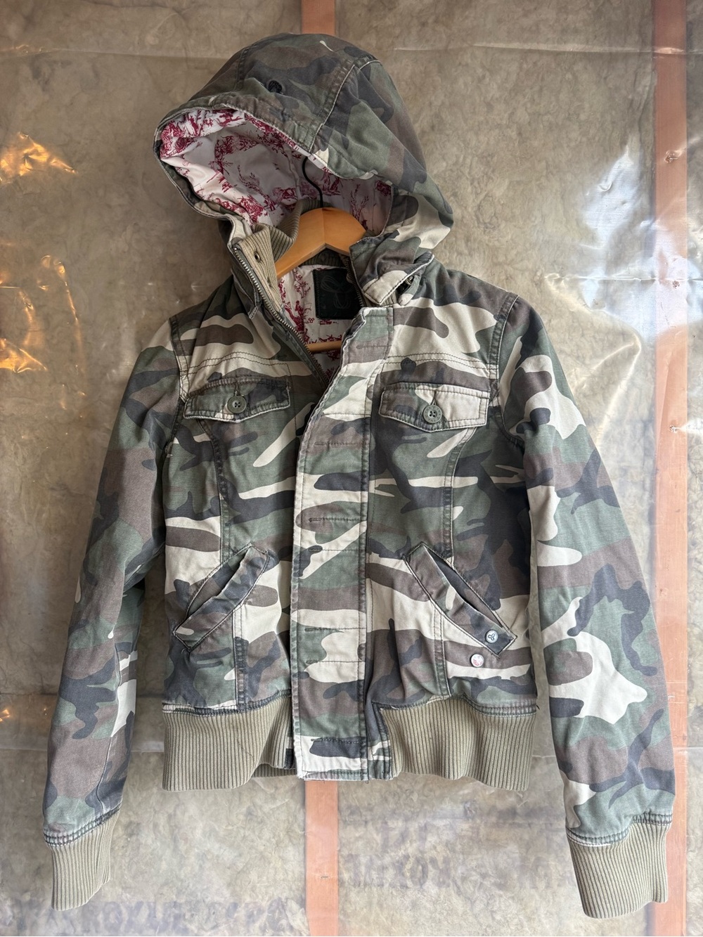 TNA Women's Camo Hooded Jean Jacket - Green & Brown